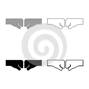 Two fist punching bump clenched together hitting concept of conflict struggle resistance confrontation set icon grey black color