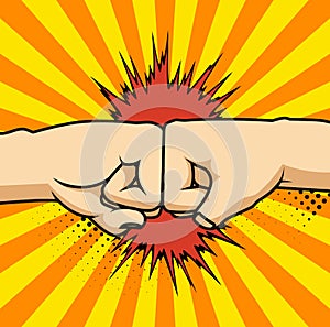 Two fists bumping together vector illustration, two hands with fists in air punching, concept of fight, strength cartoon
