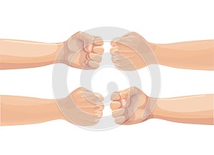 Two fists punching each other. Two clenched fists bumping. Conflict, protest, brotherhood or clash concept. Vector