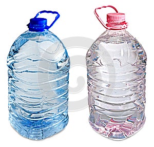 Two five liter bottles of water pink and blue