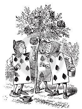Two, Five and Seven painting the rosebush - Alice in Wonderland original vintage illustration