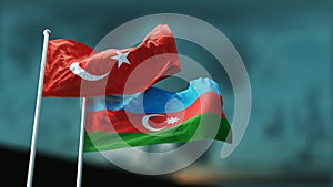 Two flags of Armenia and Azerbaijan fluttering in the wind against the evening sky. 3D Render