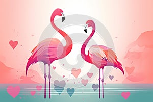 Two flamingo birds making heart shape with necks