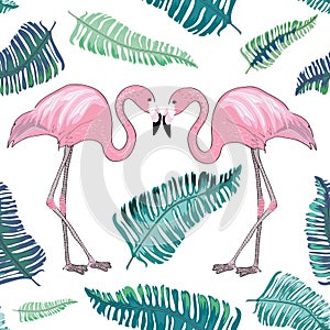 Two flamingos with beaks together with green tropical leaves aroud