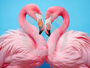 Two flamingos creating a heart shape with their necks.