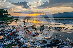 Two flamingos in a lake full of garbage