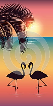 Two flamingos and palm tree silhouette on colorful beach at sunset