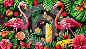 Two flamingos are standing in a lush green jungle with butterflies. Summer tropical frame. Summer time and travel concept