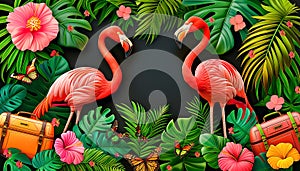 Two flamingos are standing in a lush green jungle with butterflies. Summer tropical frame. Summer time and travel concept