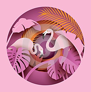 Two flamingos in tropical leaves.