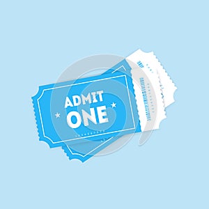 Two flat vector tickets with shadows isolated on blue background. Cinema or theater tickets design with barcode