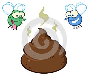 Two Flies Hovering Over Pile Of Smelly Poop Cartoon Characters photo