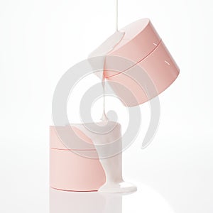 Two floating pink cosmetic jars and liquid cream flowing from above 3D render on white background iolated