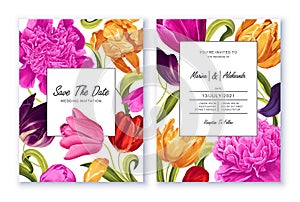 Two floral cards with peonies and tulips flowers and leaves.