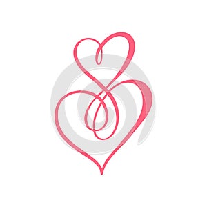 Two flourish red lovers heart logo and sign infinity. Valentine card handmade vector calligraphy. Decor for greeting card, photo