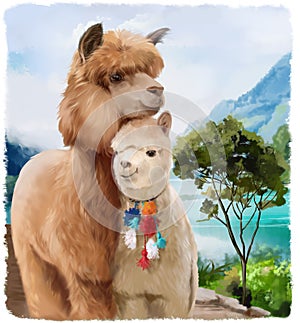 Two fluffy alpacas on the background of the lake