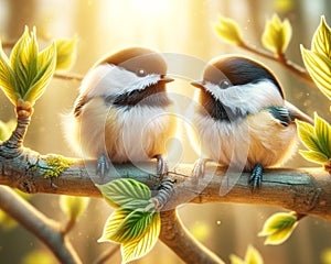 Two Fluffy Beautiful Black-capped Chickadees Springtime Morning Sunrise Tree Branch AI Generated