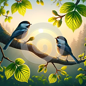 Two Fluffy Beautiful Black-capped Chickadees Springtime Morning Sunrise Tree Branch AI Generated