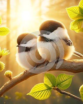 Two Fluffy Beautiful Black-capped Chickadees Springtime Morning Sunrise Tree Branch AI Generated