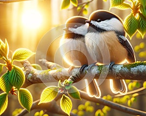 Two Fluffy Beautiful Black-capped Chickadees Springtime Morning Sunrise Tree Branch AI Generated