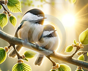 Two Fluffy Beautiful Black-capped Chickadees Springtime Morning Sunrise Tree Branch AI Generated