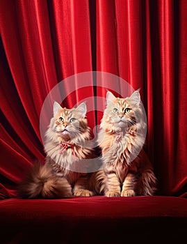 Two fluffy cats in front of a velvet red curtain. Generative AI
