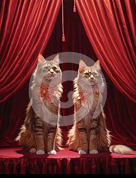 Two fluffy cats in front of a velvet red curtain. Generative AI