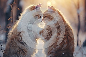 Two fluffy cats sharing a tender moment in a golden winter sunset.