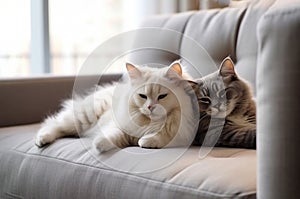 Two fluffy cats are sleeping on the sofa near the window