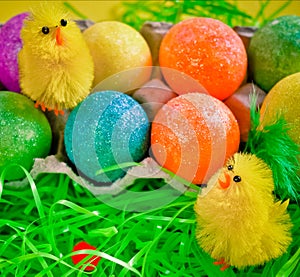 Two fluffy chicken toys near colorful bright eggs