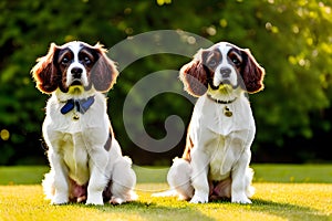 Two fluffy floppy eared spaniels sitting side by side on a sunny hill generated by ai