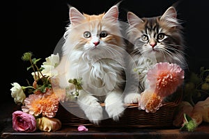 two fluffy kittens in a basket with flowers on a black background. AI Generated Generative AI