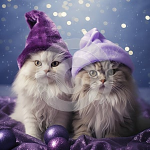 two fluffy kittens wearing silly purple santa hats, bokeh background