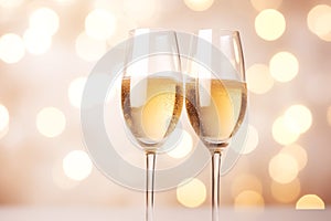 Two flute glasses with sparkling champagne on pastel pink beige background with golden bokeh lights. New Years eve celebration