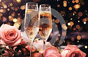 Two flute glasses with sparkling champagne pink roses golden bokeh lights confetti glitter. Valentine\'s