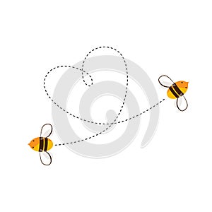 Two flying bee and their heart shape flight trajectory. Love or honey business concept. Vector cartoon illustration