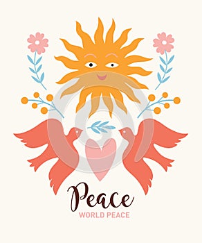 Two flying bird, heart and sun. Symbols of peace and goodness. Postcard, poster