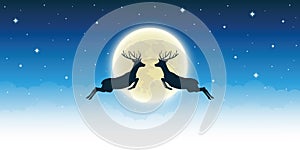 Two flying reindeer by full shiny moon in starry sky