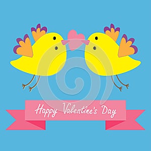 Two flying yellow bird family couple holding heart. Happy Valentines Day. Pink ribbon. Love Greeting card. Cute cartoon character