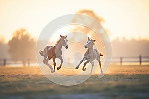 two foals chasing each other at sunrise