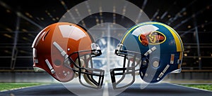 Two football helmets, are facing each other on a field.