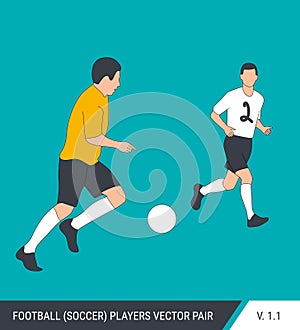 Two football opponents from different teams are fighting for the ball. Soccer players, the defender and attacker fight for the