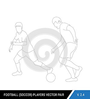 Two football opponents from different teams are fighting for the ball. Soccer players, the defender and attacker fight for the