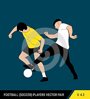 Two football opponents from different teams are fighting for the ball. Soccer players are fighting for the ball. Colorful vector