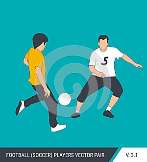 Two football opponents from different teams are fighting for the ball. Soccer players are fighting for the ball. Colorful vector