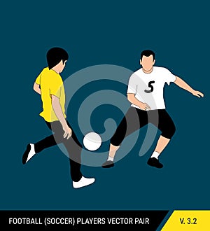 Two football opponents from different teams are fighting for the ball. Soccer players are fighting for the ball. Colorful vector