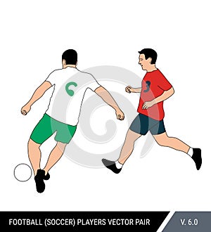 Two football opponents from different teams are fighting for the ball. Soccer players are fighting for the ball. Colorful vector