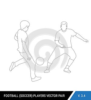 Two football opponents from different teams are fighting for the ball. Soccer players are fighting for the ball. Outline