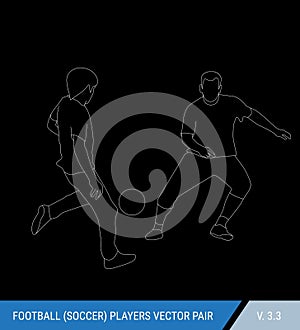 Two football opponents from different teams are fighting for the ball. Soccer players are fighting for the ball. Outline