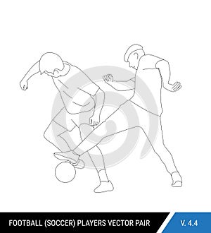 Two football opponents from different teams are fighting for the ball. Soccer players are fighting for the ball. Outline